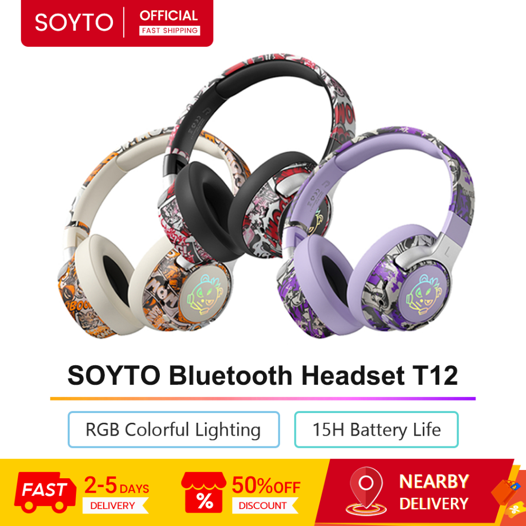 SOYO T12 หูฟังไร้สายบลูทูธ RGB เอฟเฟกต์แสงคุณภาพเสียงไฮไฟ 3D Immersive Soundstage