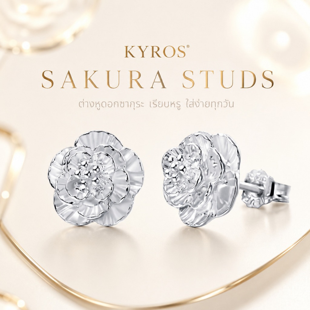 KYROS ต่างหูดอกซากุระ สไตล์เรียบหรู ชุบเงินแท้ 925 ฐานทองแดง เคลือบนาโนกันหมอง 10x10มม. เครื่องประดับผู้หญิง