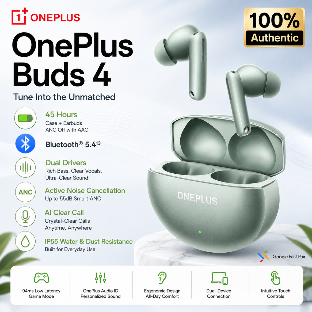 OnePlus Buds 4, TWS, Deep Bass, ANC, เสียงที่ได้รับการปรับปรุง, เวลาเล่นสูงสุด 45 ชั่วโมงพร้อมเคสชาร์จ, บลูทูธ 5.4