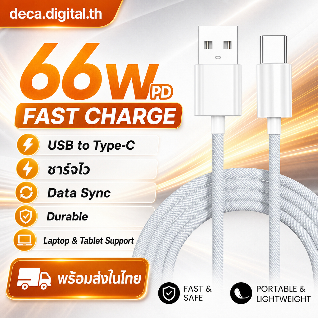 สายชาร์จ USB to Type-C 66W 1ม./2ม. ชาร์จเร็ว ซิงค์ข้อมูลไว จ่ายไฟเสถียร สำหรับมือถือ แท็บเล็ต โน้ตบุ๊ก ส่งจากไทย