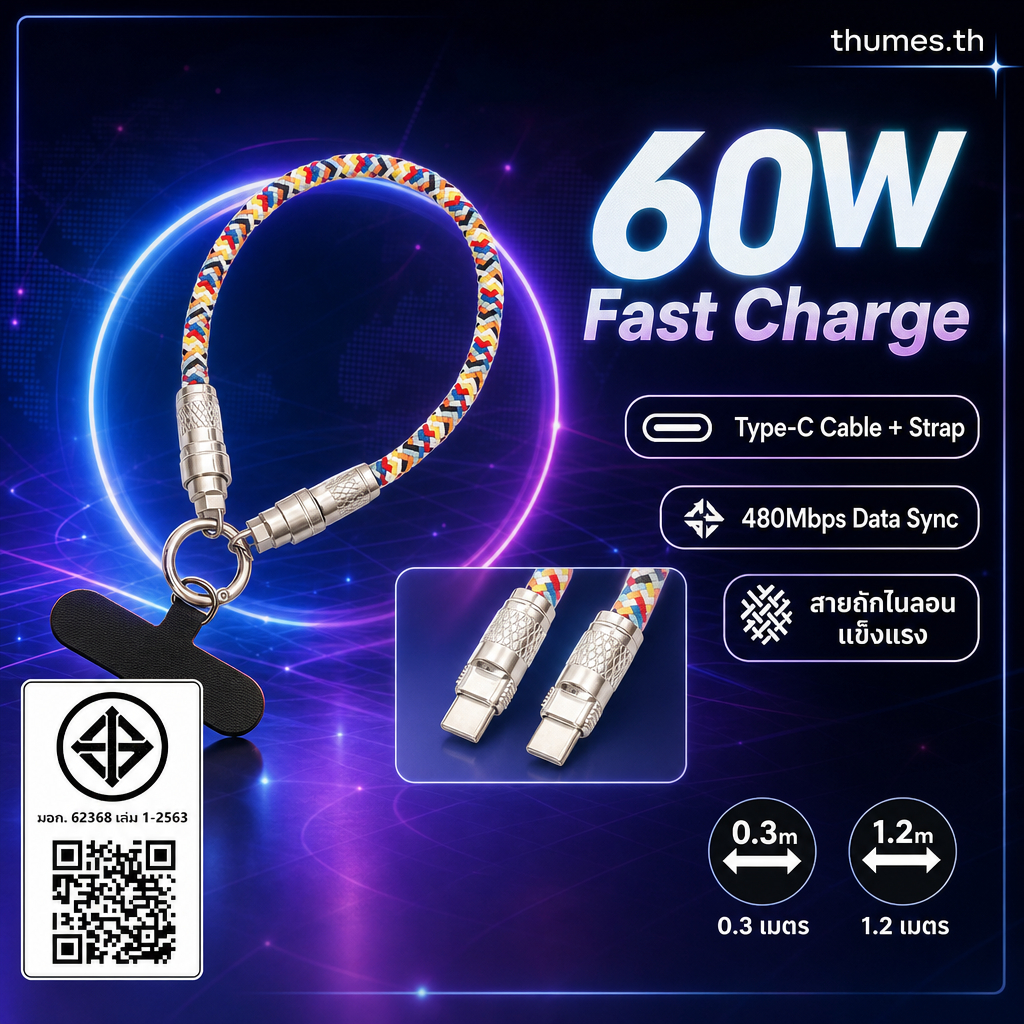 สายชาร์จ Type-C พร้อมสายคล้องคอ ไนลอนถัก 0.3M/1.2M ชาร์จเร็ว 60W 20V 3A โอนข้อมูลสูงสุด 480Mbps แข็ง