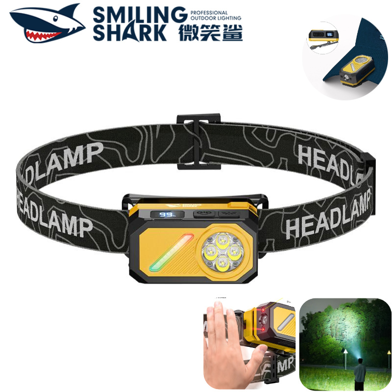 SMILING SHARK ไฟหน้า LED มินิ แบบเหนี่ยวนํา 6 โหมด หมวกโคมไฟ Type-c ชาร์จกันน้ํา สําหรับเดินป่ากลางคืนกลางแจ้ง TD0300