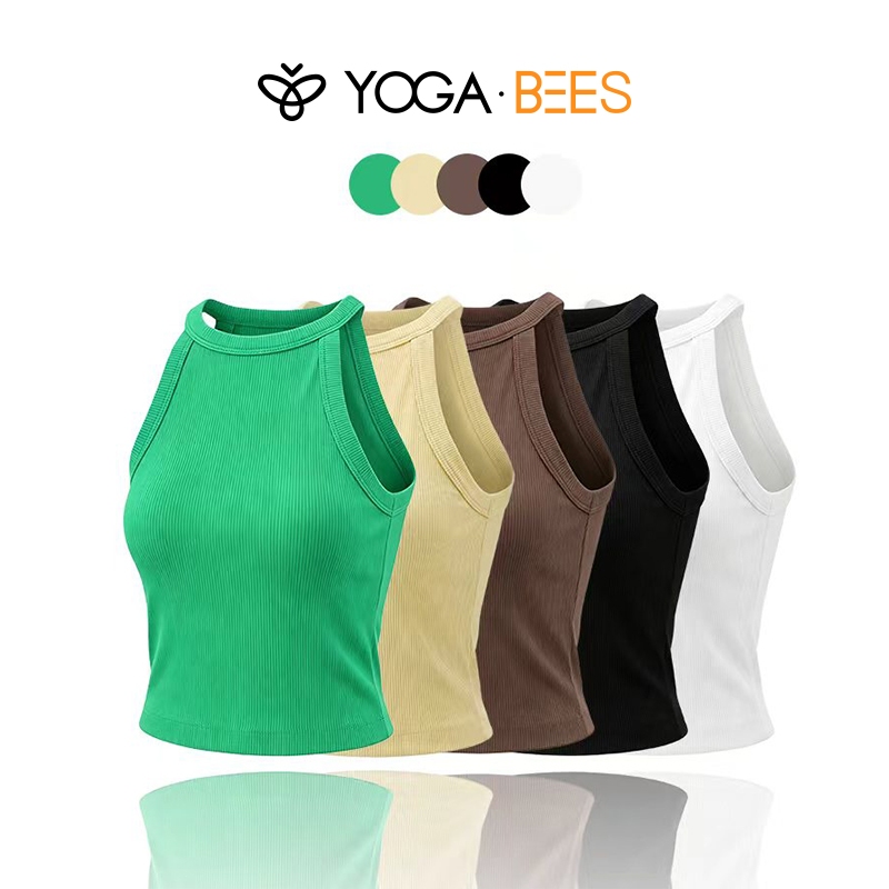 YOGA BEES Ribbed Halter Neck Crop Tank Top,แขนกุดSlim Fit Workout & Casual Top 5 สี