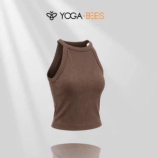 YOGA BEES Ribbed Halter Neck Crop Tank Top,แขนกุดSlim Fit Workout & Casual Top 5 สี