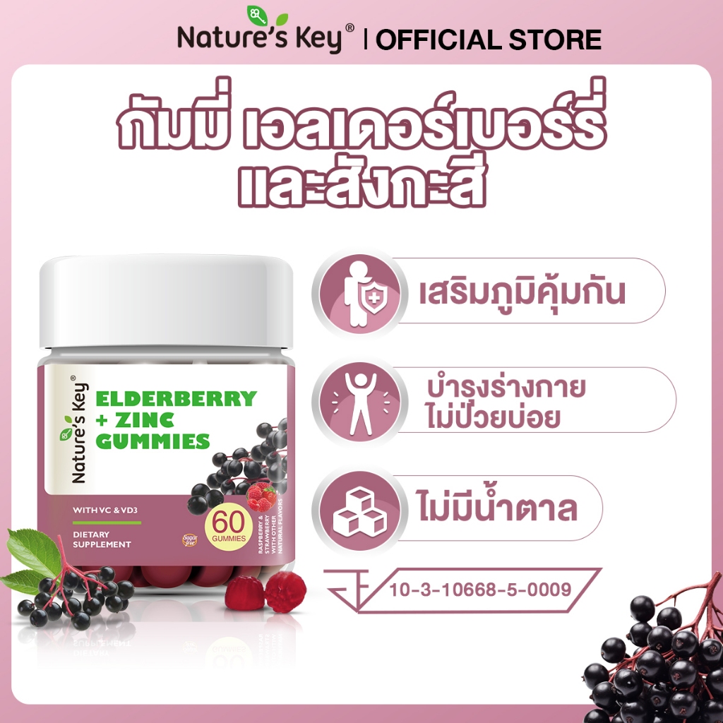 [มีอย.] Nature’s Key Elderberry + Zinc Gummies เสริมภูมิคุ้มกัน บำรุงร่างกายให้แข็งแรง รสอร่อย ทานง่าย (60 Gummies)