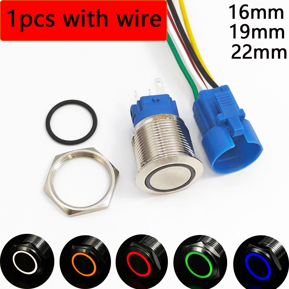 สวิตช์ปุ่มกดขนาด 16 มม. 19 มม. และ 22 มม. จำนวน 1 ชิ้น พร้อมไฟ LED 12V วัสดุโลหะกันน้ำ แบบชั่วขณะและแบบล็อค แรงดัน 5V-220V สีแดง