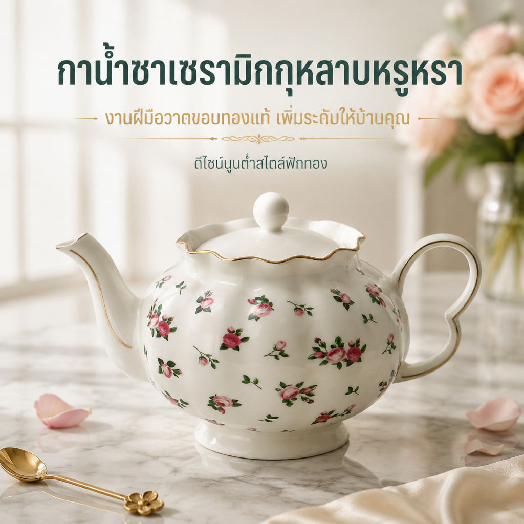 MBB 🌹กาน้ำชาเซรามิกลายกุหลาบ 1000 มล. เติมได้ 1-5 ถ้วย ชงชา กาแฟ ตกแต่งบ้าน & ของขวัญวันเกิด❤️