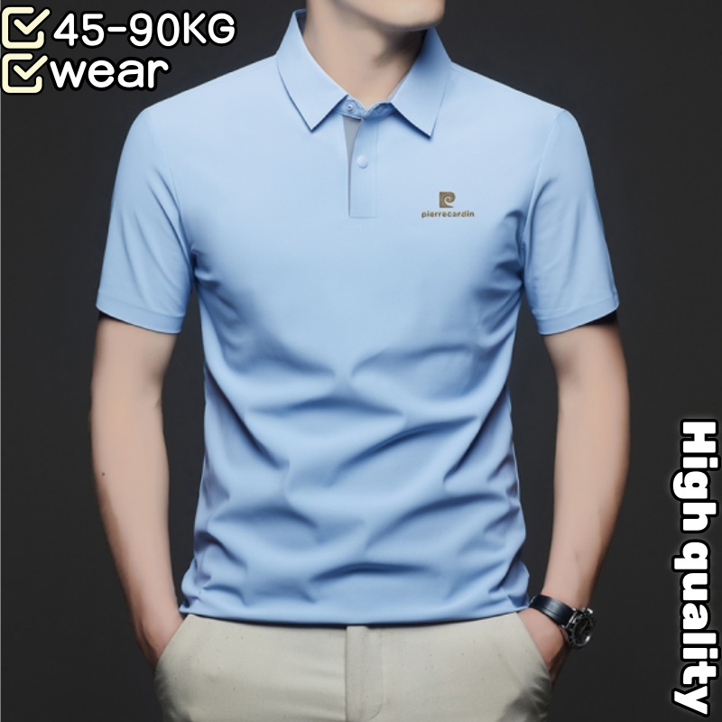 [วัสดุคุณภาพสูงสวมใส่ 45-90 กก.] M-4XL ฤดูร้อนอินเทรนด์บวกไขมันขนาดบวกธุรกิจผ้าไหมน้ําแข็งลําลองยืดเสื้อโปโลผู้ชายสลิมฟิตปกด้านบน