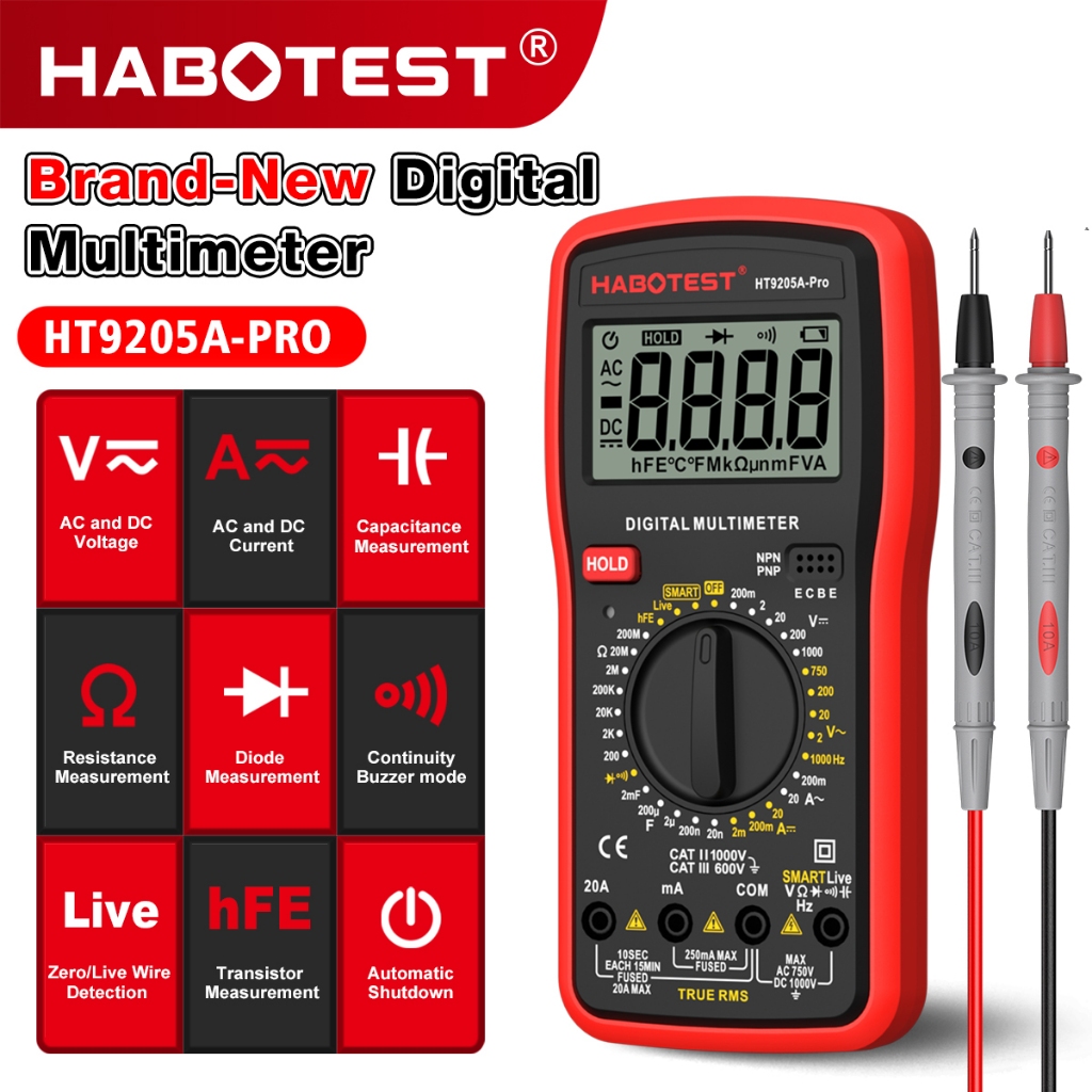 HABOTEST HT9205A-PRO มัลติมิเตอร์แบบดิจิตอล 1000V/20A AC/DC แรงดันไฟฟ้าโวลต์มิเตอร์แอมป์มิเตอร์เครื่องทดสอบทรานซิสเตอร์โอห์ม