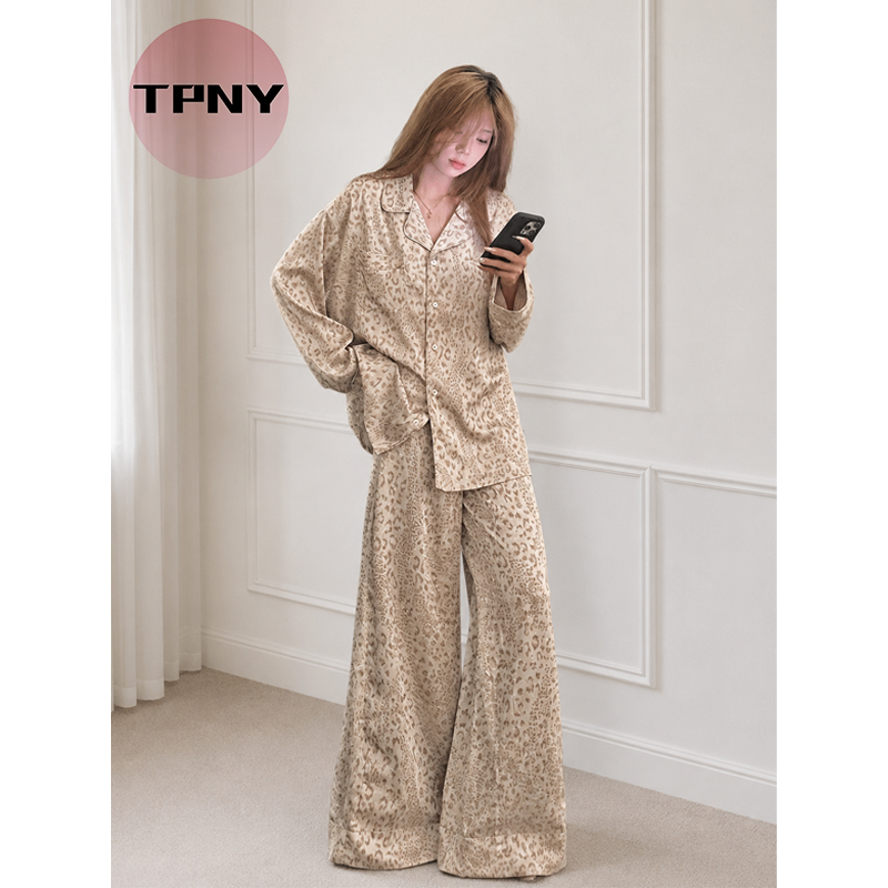 [TPNY] FASHION LOUNGEWEARชุดนอนผ้าไหมน้ำแข็งพิมพ์ลายเสือดาวสำหรับผู้หญิงไซส์ใหญ่ สำหรับฤดูใบไม้ผลิและฤดูใบไม้ร่วง