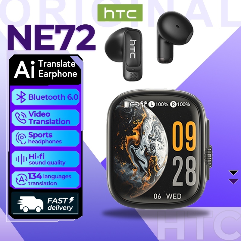 HTC NE72 AI การแปลหูฟังบลูทูธ 6.0 หูฟังการแปล 134 ภาษา ENC การตัดเสียงรบกวนคริสตัล-ไมโครโฟนที่ชัดเจน IPX5 น้ําเสียง Hi-Fi Latency ต่ําเกม Earpho