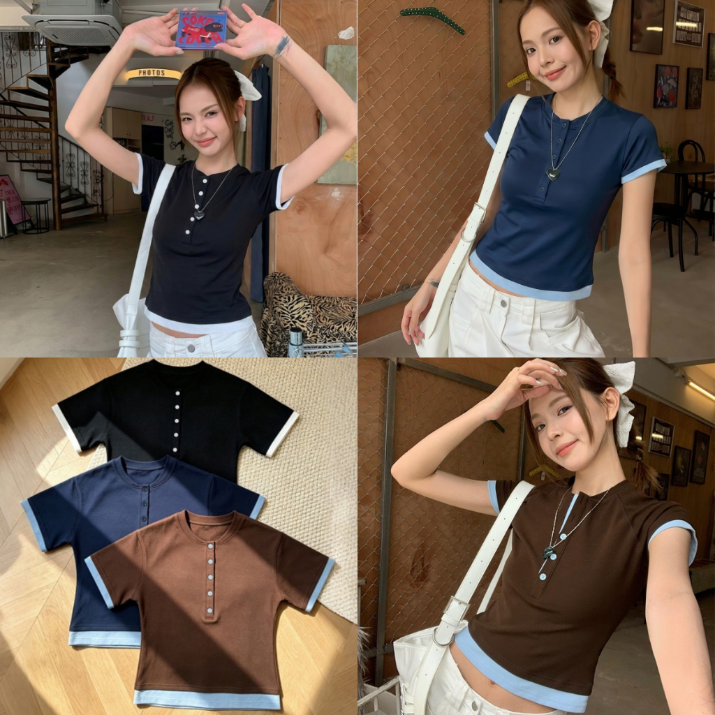 สลิมฟิต เสื้อยืดคอกลมแขนสั้น ผู้หญิง แฟชั่น ท็อปส์ซูสีคอนทราสต์