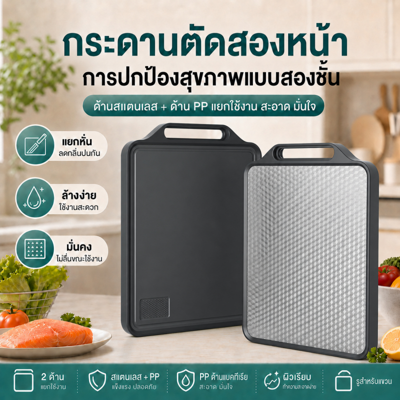 เขียงสแตนเลสสองด้าน เขียงหั่นอาหาร สแตนเลสและ PP แอนตี้แบคทีเรีย กันลื่น ล้างง่าย สำหรับเนื้อ ผัก ผลไม้ ใช้ในครัว
