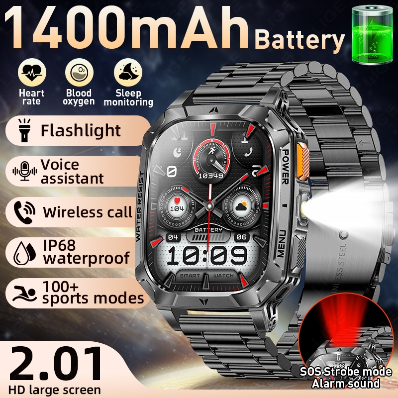 LIGE สมาร์ทวอท์ชมัลติฟังก์ชั่นกลางแจ้ง 1400 mAh ผู้ชาย IP68 ไฟฉาย LED กันน้ําการตรวจสอบสุขภาพบลูทูธโทรกีฬา Smartwatch