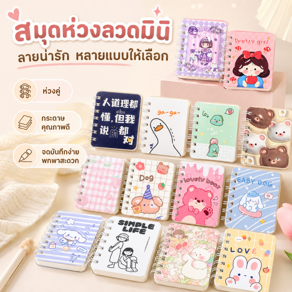 สมุดสปิรัล A7 ลายการ์ตูนน่ารัก สมุดโน้ตมินิ พกพาง่าย สันห่วงด้านข้าง สำหรับนักเรียน A00080