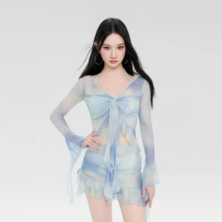 AEX 4in1 ผู้หญิงชุดบิกินี่ตาข่ายไล่โทนสีชุดว่ายน้ําสไตล์เกาหลีเซ็กซี่ Beachwear ชุดว่ายน้ําแขนยาว