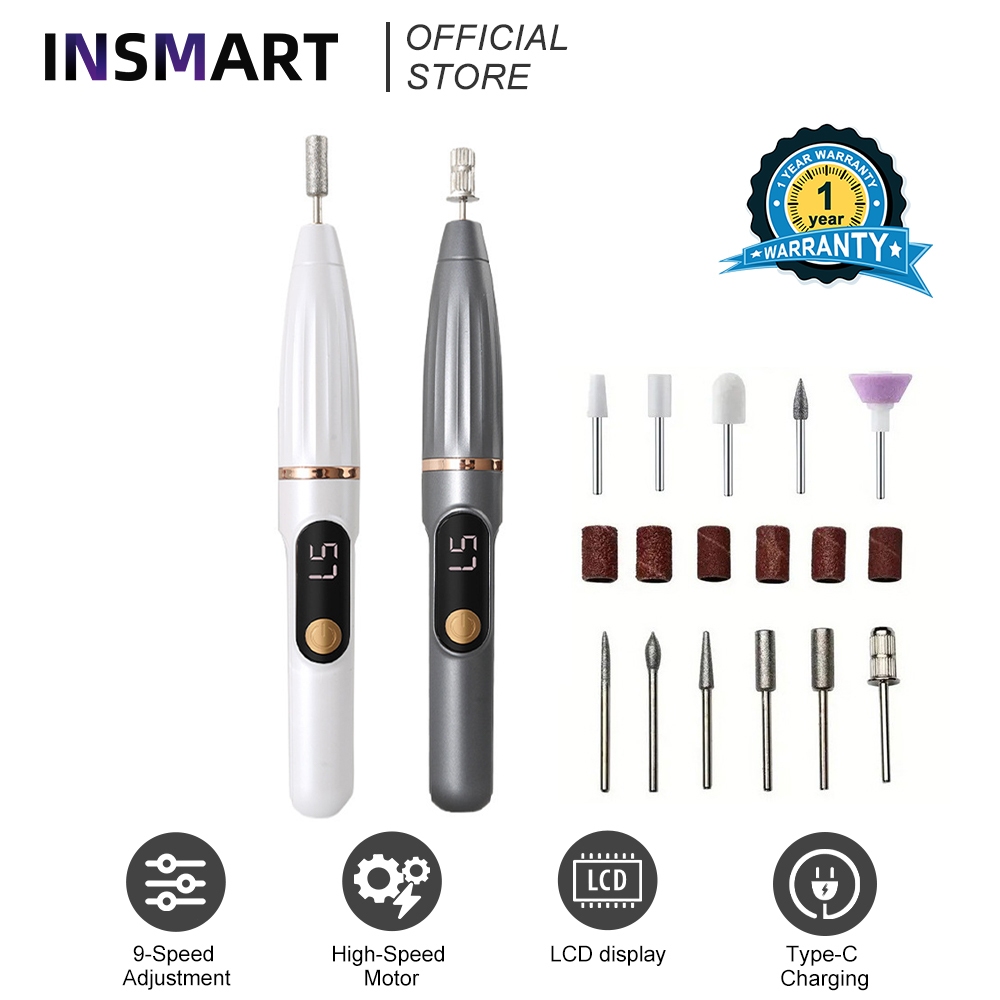 INSMART เครื่องขัดเล็บไฟฟ้า ขัดเงาเล็บ เปลี่ยนหัวได้ ปรับความเร็ว  รุ่นปากกา กําจัดผิวที่ตายแล้ว สำหรับตะไบเล็บ