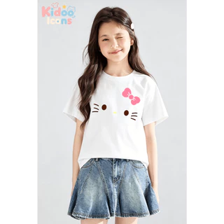 KIDOO ICONS เสื้อยืดเด็กผู้หญิงคอกลม ฤดูร้อน สไตล์ลำลอง ทรงหลวม ลายสกรีน Hello Kitty เนื้อผ้านุ่ม ยืดหยุ่น ผ้าฝ้าย100% #A01+5561