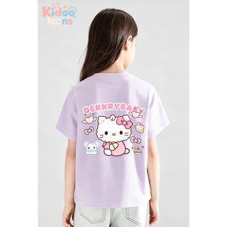 KIDOO ICONS เสื้อยืดเด็กผู้หญิงคอกลม ฤดูร้อน สไตล์ลำลอง ทรงหลวม ลายสกรีน Hello Kitty เนื้อผ้านุ่ม ยืดหยุ่น ผ้าฝ้าย100% #A01+5561