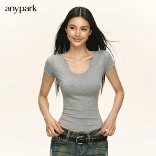 Anypark American Retro Design Feel สีทึบ Slim-fit เสื้อยืดแขนสั้นผู้หญิงฤดูร้อนใหม่ Top