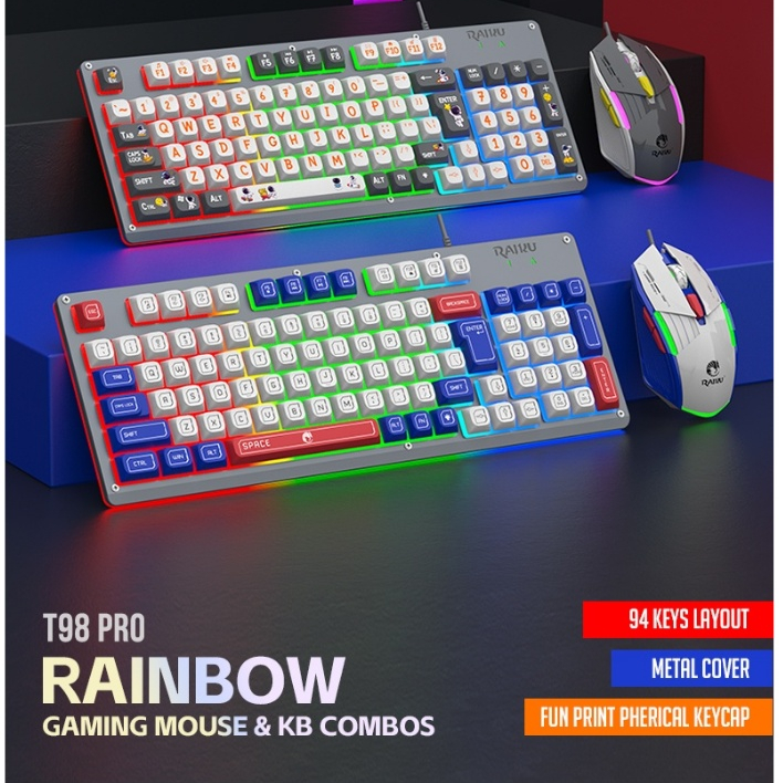 T98 Pro ชุดคีย์บอร์ดและเมาส์สําหรับเล่นเกม-94-Key Compact Metal Top Cover-Rainbow RGB Lighting Effec