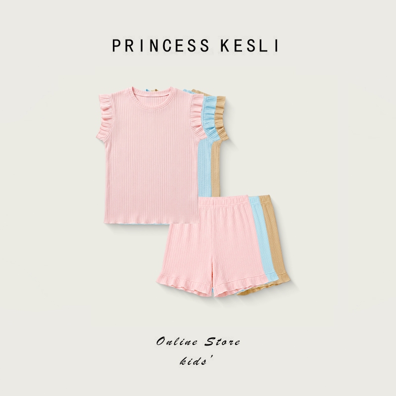Princess Kesli ชุดเด็กแฟชั่น ชุดเด็กผู้หญิง แขนระบาย เสื้อสายเดี่ยว+กางเกงขาสั้น สไตล์เกาหลี สําหรับเด็กผู้ 2-12 ปี ราคาถูก Shopee Lazada