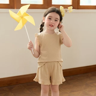 Princess Kesli ชุดเด็กผู้หญิงสีฟ้า ชุดเด็กแฟชั่น แขนระบาย เสื้อสายเดี่ยว+กางเกงขาสั้น สไตล์เกาหลี สําหรับเด็กผู้ 2-12 ปี