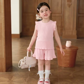 Princess Kesli ชุดเด็กผู้หญิงสีฟ้า ชุดเด็กแฟชั่น แขนระบาย เสื้อสายเดี่ยว+กางเกงขาสั้น สไตล์เกาหลี สําหรับเด็กผู้ 2-12 ปี