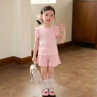 Princess Kesli ชุดเด็กผู้หญิงสีฟ้า ชุดเด็กแฟชั่น แขนระบาย เสื้อสายเดี่ยว+กางเกงขาสั้น สไตล์เกาหลี สําหรับเด็กผู้ 2-12 ปี