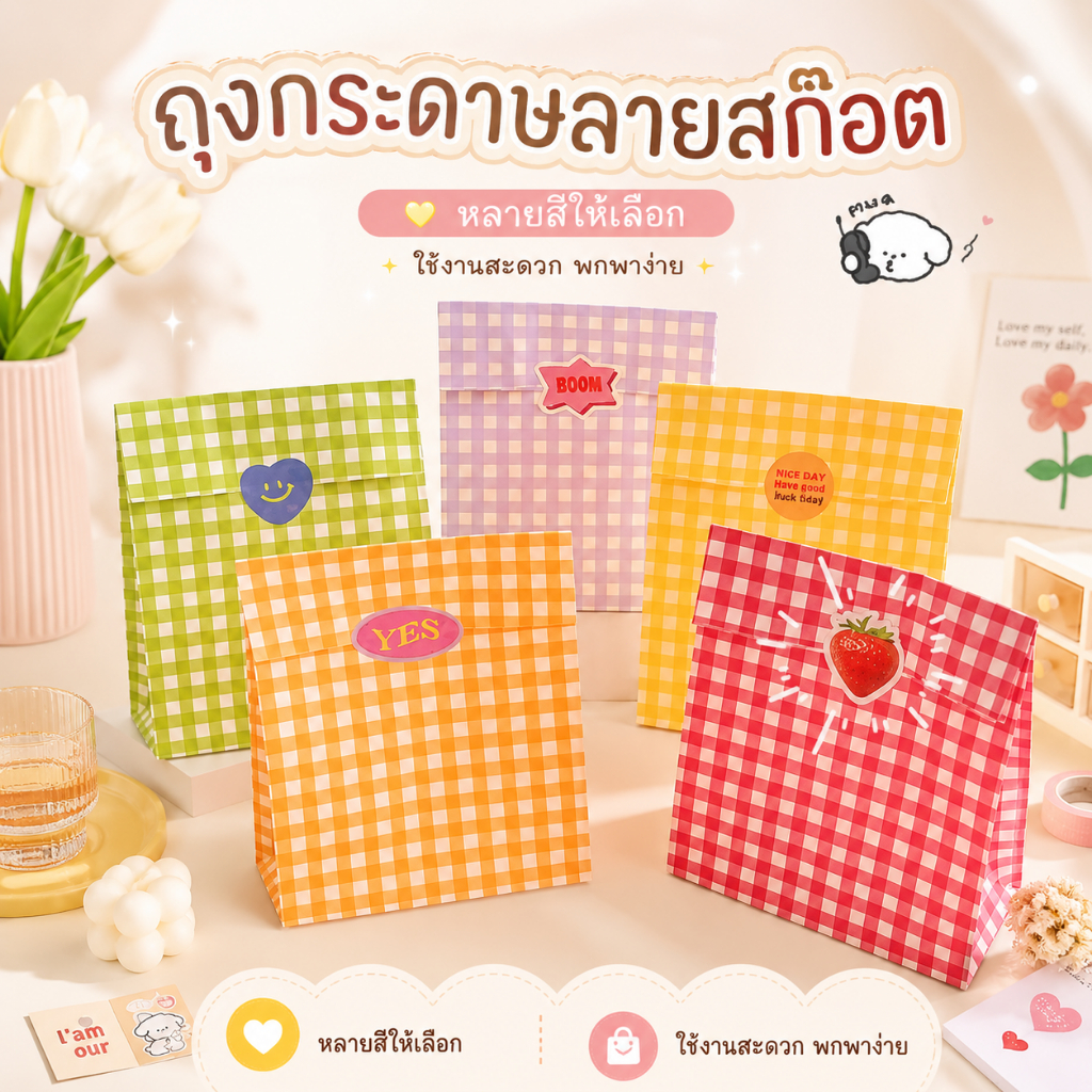 ถุงของขวัญ ถุงกระดาษลายตาราง สีพาสเทล ถุงใส่ขนม ลูกกวาด ขนมปัง ของชำร่วย Takeaway A00093