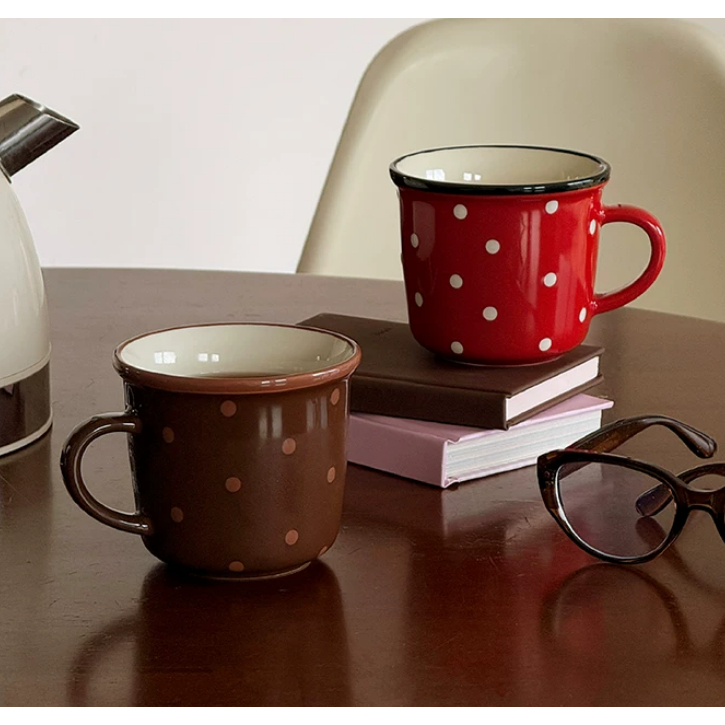 Dreamerhouse Retro Polka Dot Mug ในครัวเรือนเซรามิคอาหารเช้าถ้วยนมถ้วยกาแฟถ้วยดื่มน่ารัก