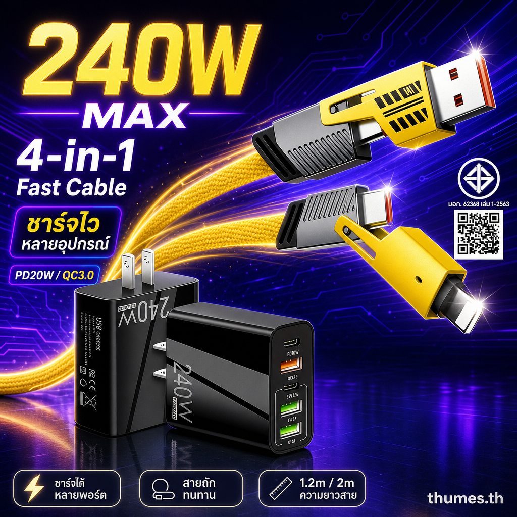 ชุดสายชาร์จ 4in1 + หัวชาร์จเร็ว 240W รองรับ PD20W QC3.0 3xUSB-A 2xUSB-C เคเบิล Type-C/iP ยาว 1/1.5/2m ใช้ได้ทั้งบ้าน ออฟฟิศ และพกพาเดินทาง