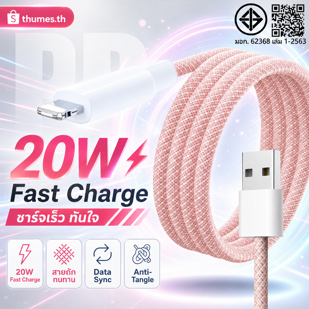 สายชาร์จ USB PD สำหรับ IOS สายถักคอตตอน 2.4A รองรับ 20W/60W ชาร์จเร็ว ส่งข้อมูลเสถียร ยาว 1/1.5/2 เม