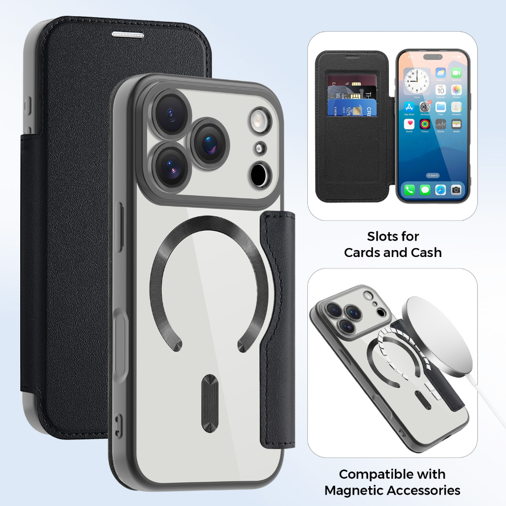 โปร่งใส Electroplated Flip Case RFID Anti-Skidming Magnetic Card Holder สําหรับ iPhone 17/16/15/14