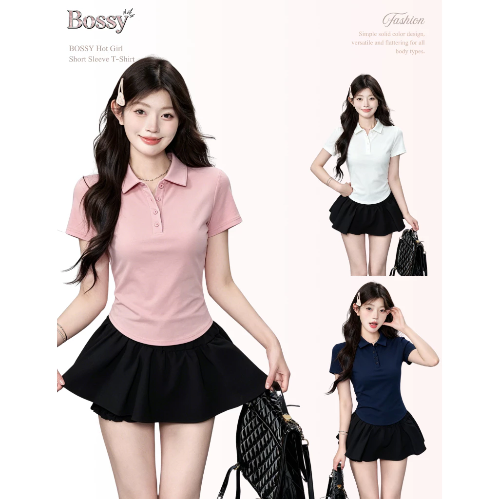 BOSSY เสื้อโปโลแขนสั้นคอโปโล สไตล์อเมริกันวินเทจ ลายสกรีนทรงเข้ารูป ผ้าฝ้าย100%#M