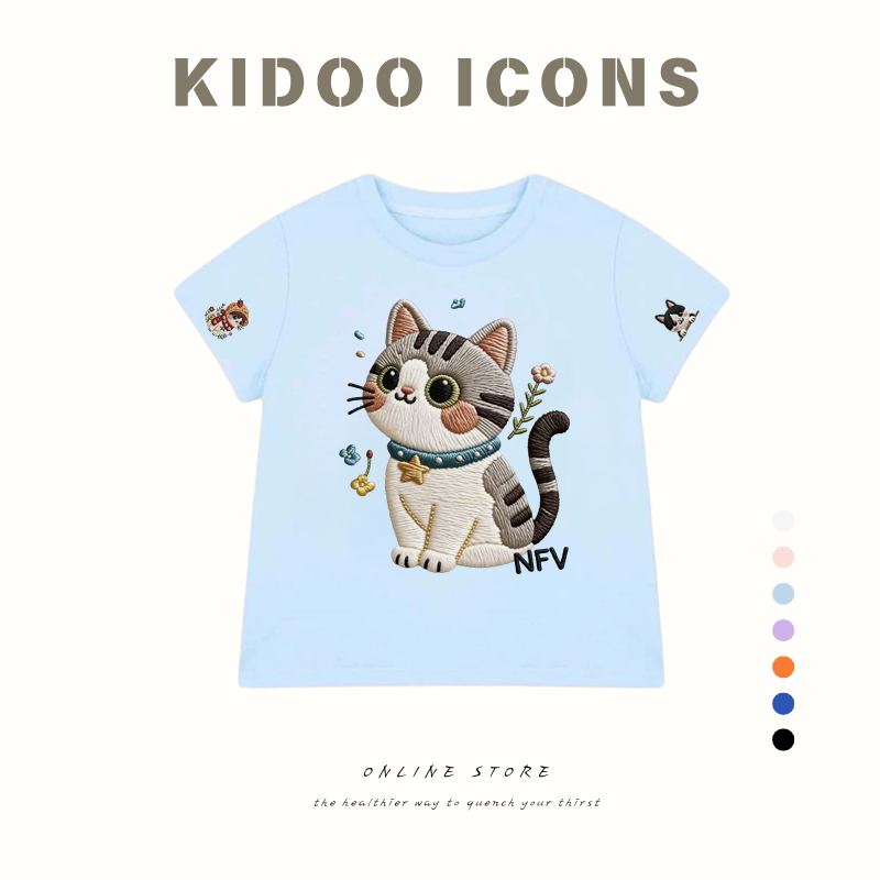 KIDOO ICONS เสื้อยืดเด็กคอกลม ผ้าฝ้ายแท้ 100% ลายแมวน่ารัก แขนสั้น สไตล์เกาหลี #A01+5596