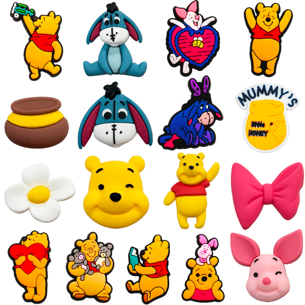มาใหม่การ์ตูนหมีสีเหลืองหมูสีชมพูกระโดดเสือ น้ําผึ้งรองเท้าเสน่ห์สําหรับรองเท้าแตะอุดตันจี้ปุ่มเดิมรองเท้าตกแต่งของขวัญเพื่