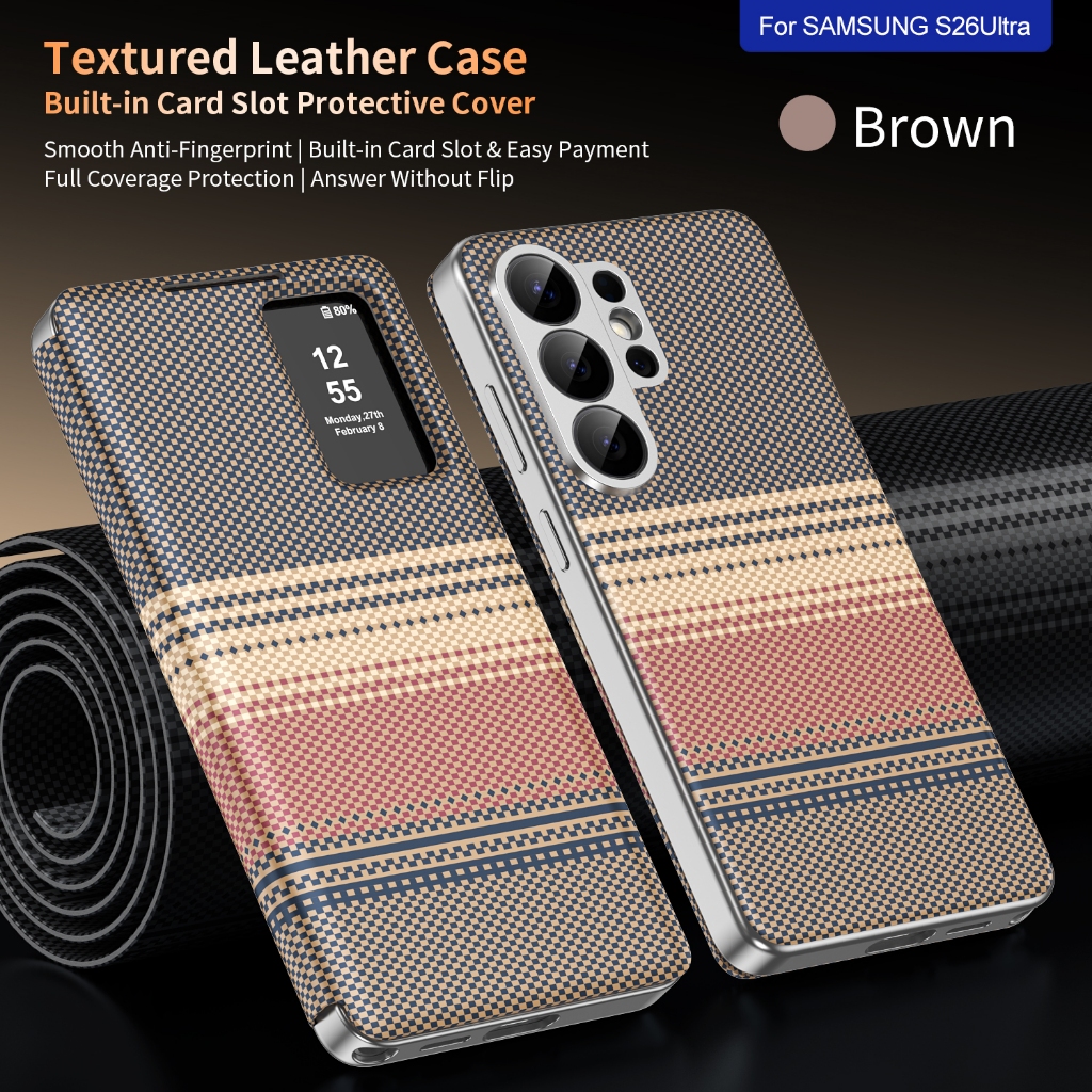 คาร์บอนไฟเบอร์หนังเคสโทรศัพท์สําหรับ Samsung Galaxy S26 S25 S24 S23 S22 Ultra S25 FE S26 Plus Edge สมาร์ทดูหน้าต่างช่องใส่การ์ดปกหลัง