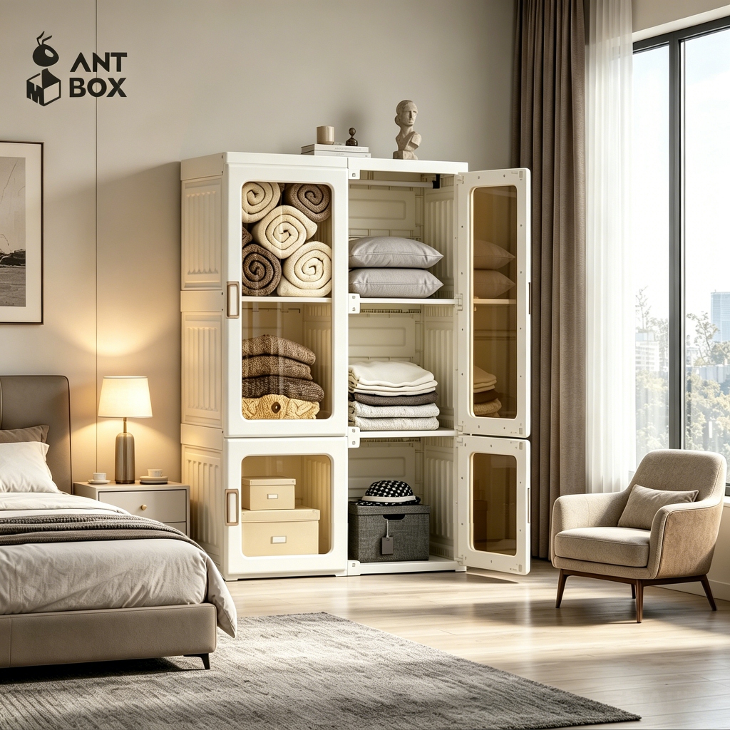ANTBOX [พร้อมส่ง!! ] ตู้เสื้อผ้า 6 ช่อง 360L ประตูใสโปร่งแสงมองเห็นด้านในได้ สไตล์โมเดิร์น เหมาะกับการแต่งห้องทุกสไตล์