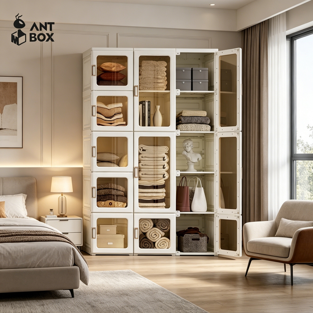 ANTBOX [พร้อมส่ง!! ] ตู้เสื้อผ้า 14 ช่อง 890L ประตูใสโปร่งแสงมองเห็นด้านในได้ สไตล์โมเดิร์น เหมาะกับ