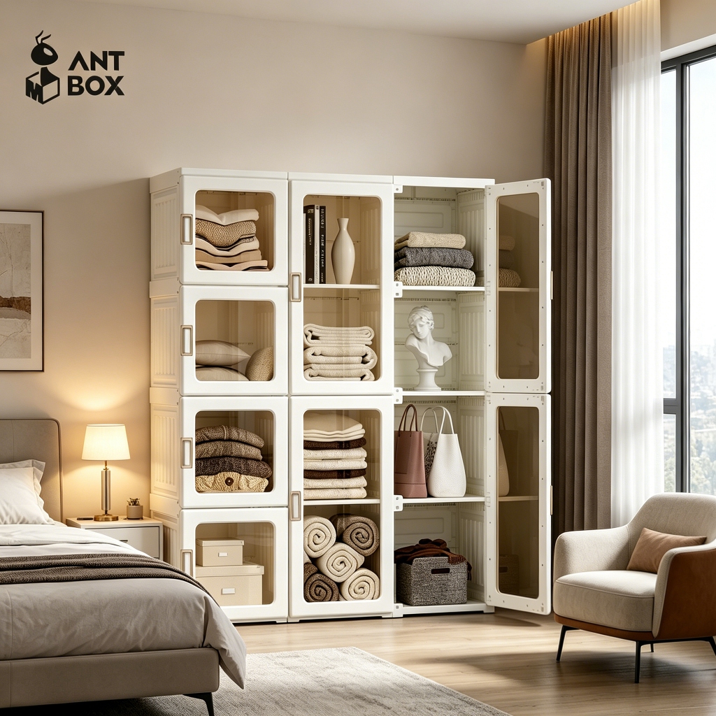 ANTBOX [พร้อมส่ง!! ] ตู้เสื้อผ้า 12 ช่อง 710L ประตูใสโปร่งแสงมองเห็นด้านในได้ สไตล์โมเดิร์น เหมาะกับ