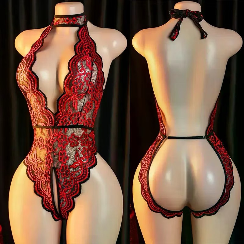สุภาพสตรีสีต่างๆเปิดเป้าเซ็กซี่Vคอลูกไม้Lace-Up Halterneck Halter Jumpsuit