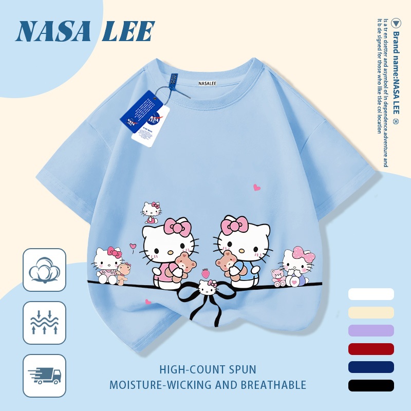 [จัดส่งในวันเดียวกัน] นาซ่า เด็กสีฟ้าอ่อนผ้าฝ้ายแท้เสื้อยืดระบายอากาศการ์ตูนน่ารัก สวัสดี คิตตี้ การพิมพ์อินเทรนด์ 3-16 ปีชายหญิงลําลองแขนสั