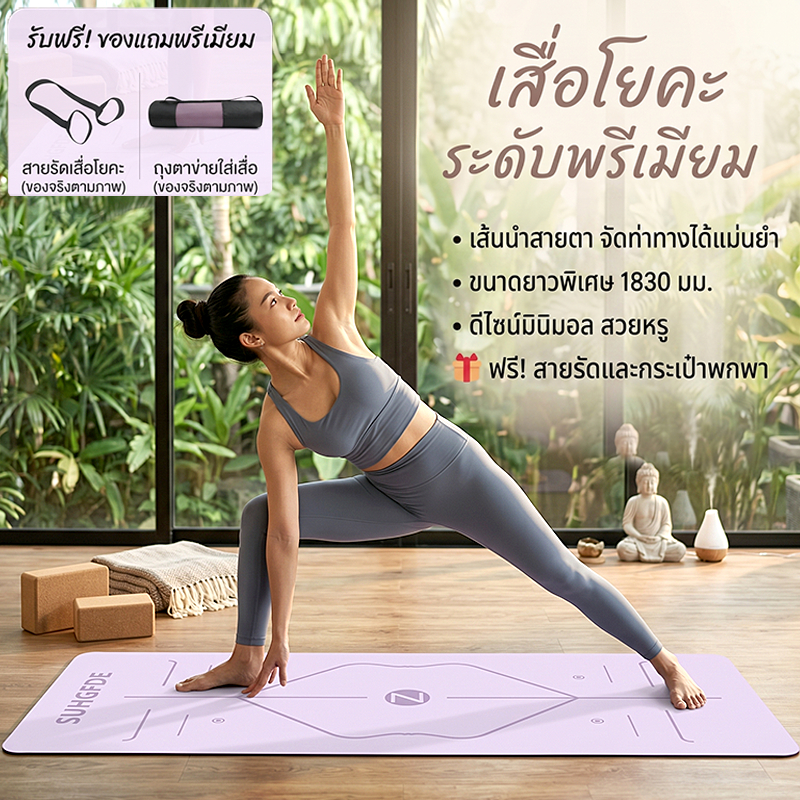 เสื่อโยคะ เวลา 6/10 มม. กันลื่นพร้อมเส้นการจัดตําแหน่งหนาและไม่มีกลิ่นผู้สูงอายุสูงสําหรับผู้เริ่มต้นพร้อมกระเป๋าเก็บฟิตเนสออกกําลั
