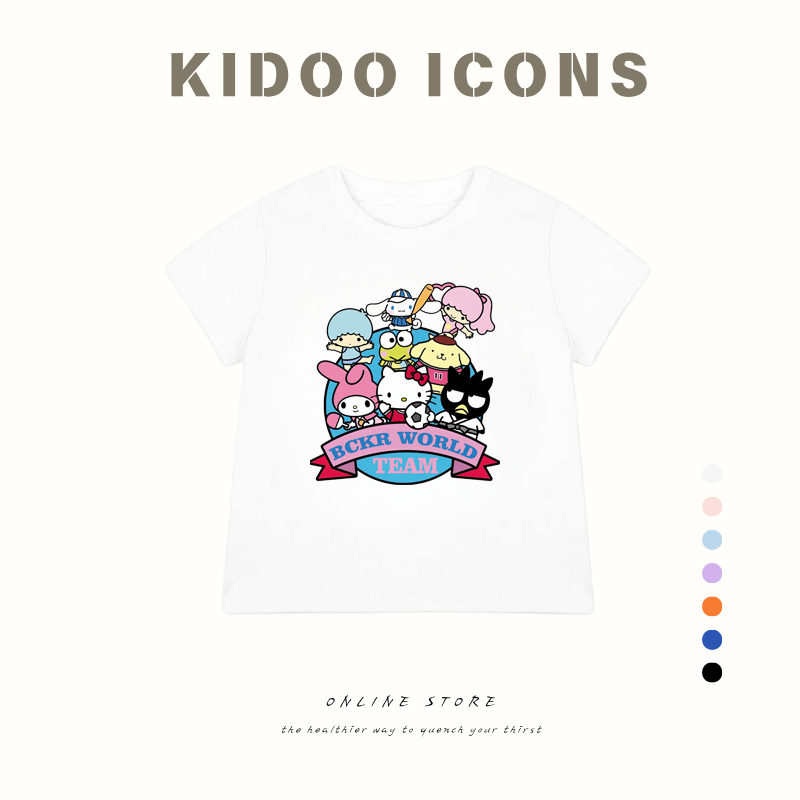 KIDOO ICONS เสื้อเด็กผู้หญิงฤดูร้อน ลำลอง ทรงหลวม ลายพิมพ์ Hello Kitty ผ้าฝ้าย 100%#A01+5637