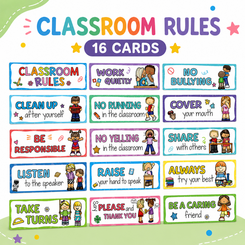 16PCS สีสันห้องเรียนกฎโปสเตอร์เด็ก Behavior Manners การศึกษาการเรียนรู้การ์ดครูนักเรียนปฏิสัมพันธ์ห้องเรียน Disassions การบริหารพฤติกรรมโปสเตอร์