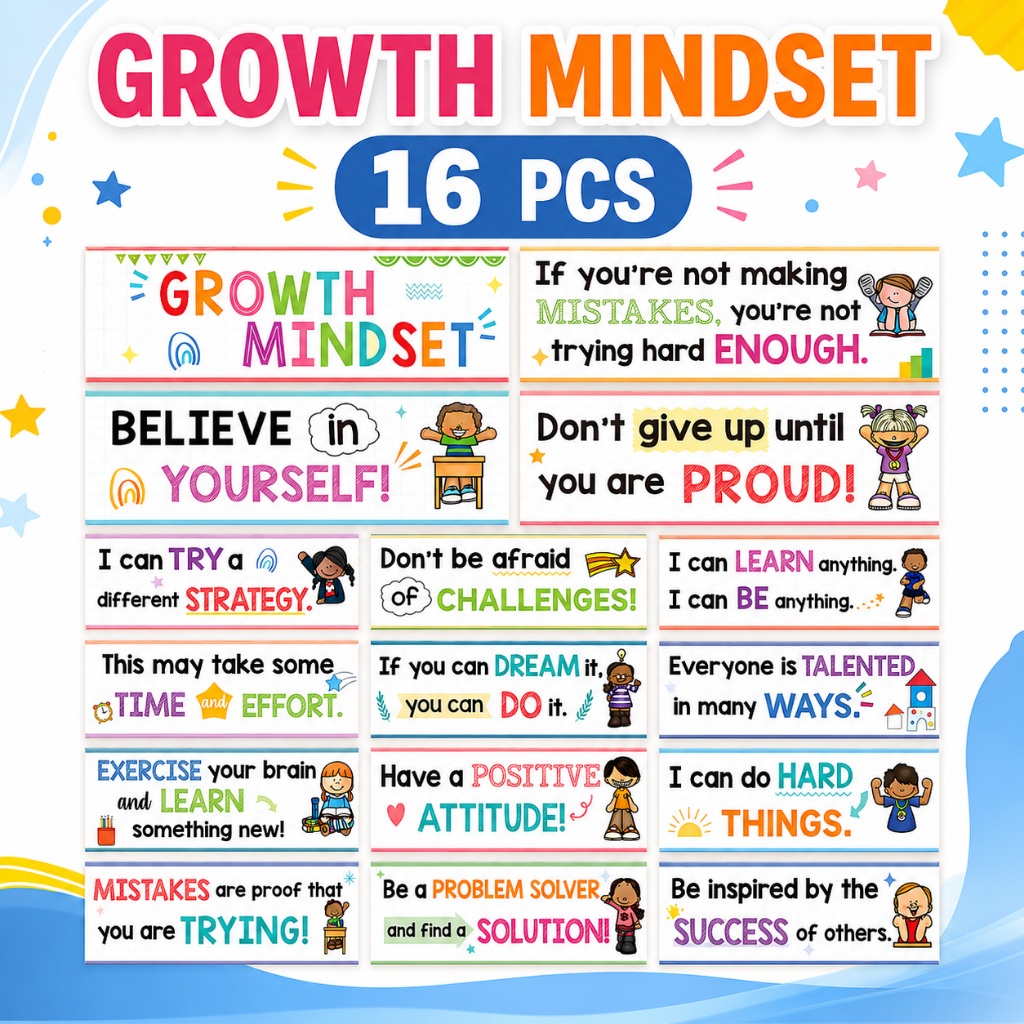 16 PCS Vibrant Growth Mindset แฟลชการ์ดบวก Afirmation การศึกษาสําหรับห้องเรียนโปสเตอร์ครูนักเรียนปฏิสัมพันธ์เครื่องมือสร้างแรงบันดาลใจ Bulletin Board Decor