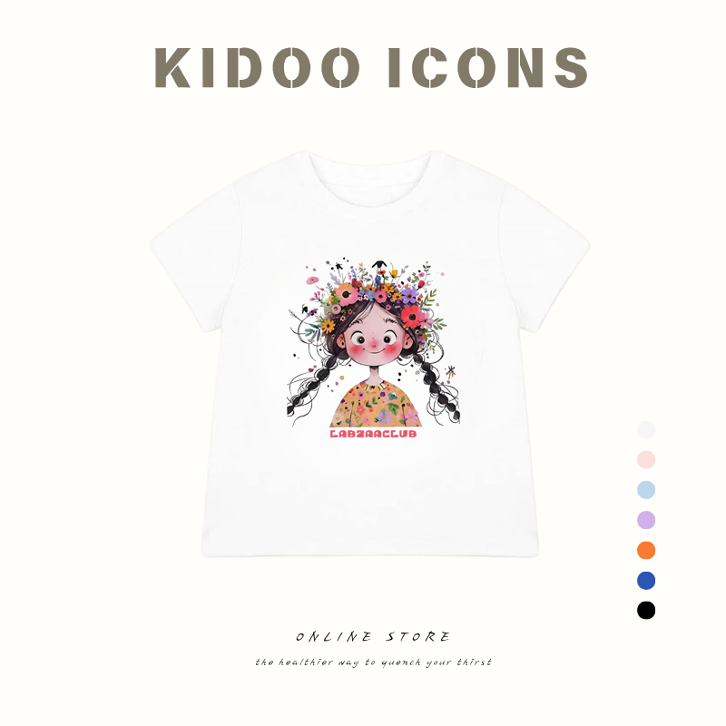 ✨จัดส่งตลอด 24 ชั่วโมง✨ KIDOO ICONS มาใหม่เด็กแขนสั้นเสื้อยืดฤดูร้อนการ์ตูนพิมพ์รอบคอผ้าฝ้ายแท้ ลายการ์ตูนเด็กผู้หญิง#A01+296
