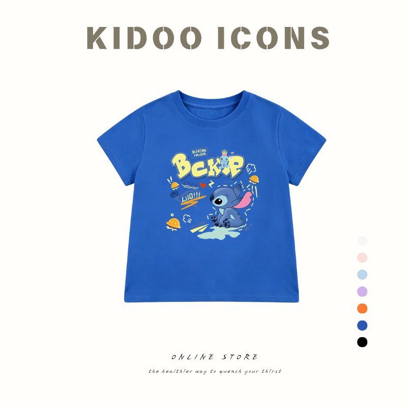 KIDOO ICONS เสื้อยืดเด็กคอกลม แขนสั้น ผ้าฝ้าย100% สีพื้น ลายการ์ตูนสติช น่ารัก สไตล์เกาหลี #A01+309
