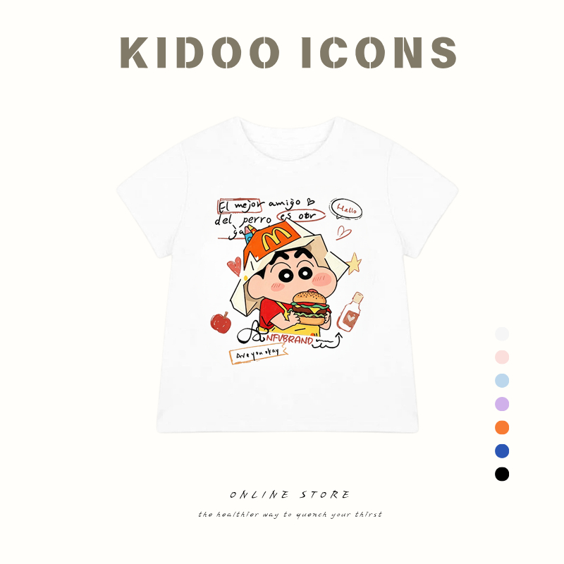 KIDOO ICONS เสื้อยืดเด็กคอกลมผ้าฝ้าย100% ลายสกรีน ดีไซน์การ์ตูน Shinchan น่ารัก แขนสั้น สไตล์เกาหลี#A01+5627